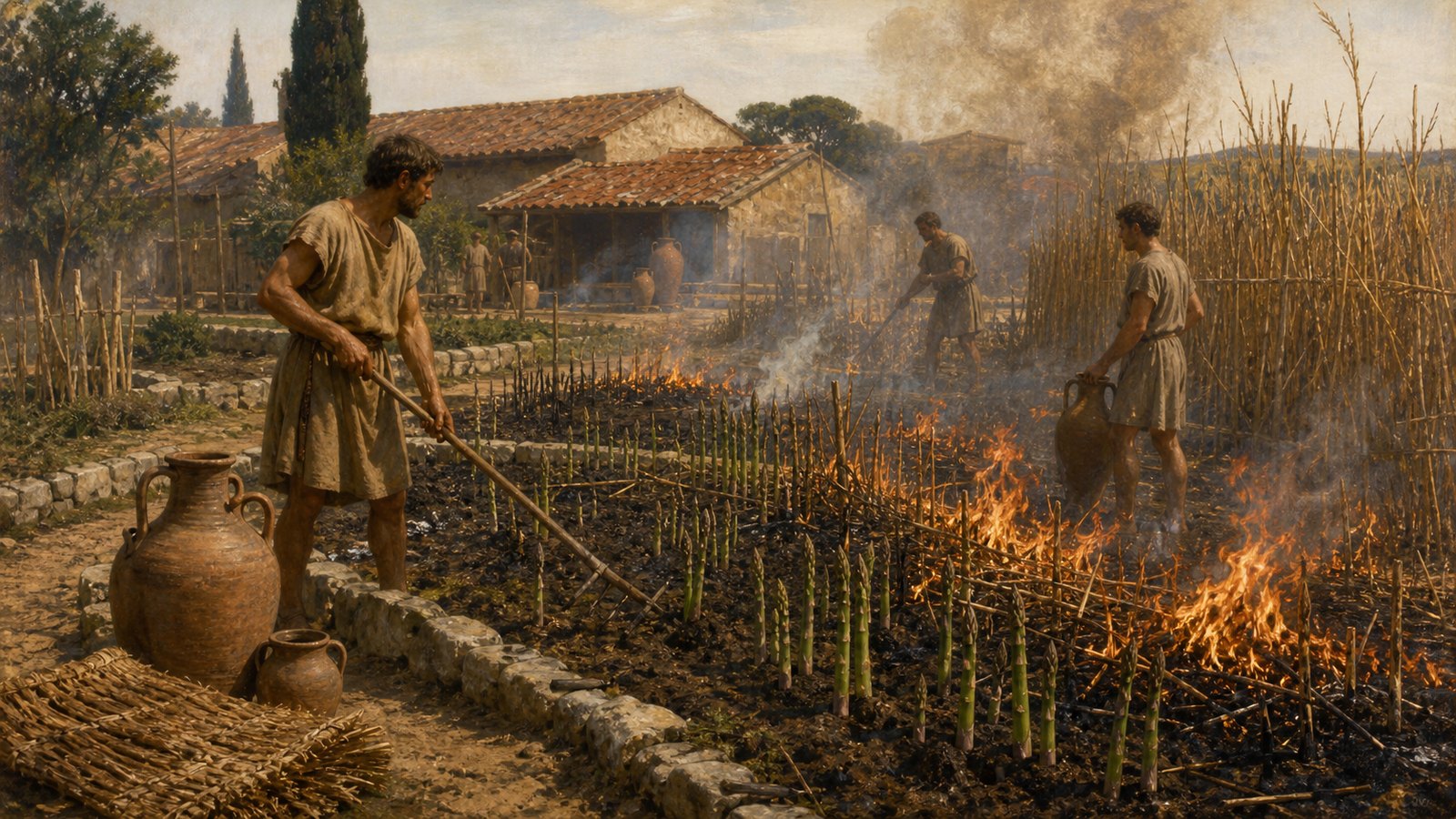 In an early spring Roman reed-bed, controlled fire clears dry asparagus growth while green spears emerge from protected crowns beside woven straw coverings.