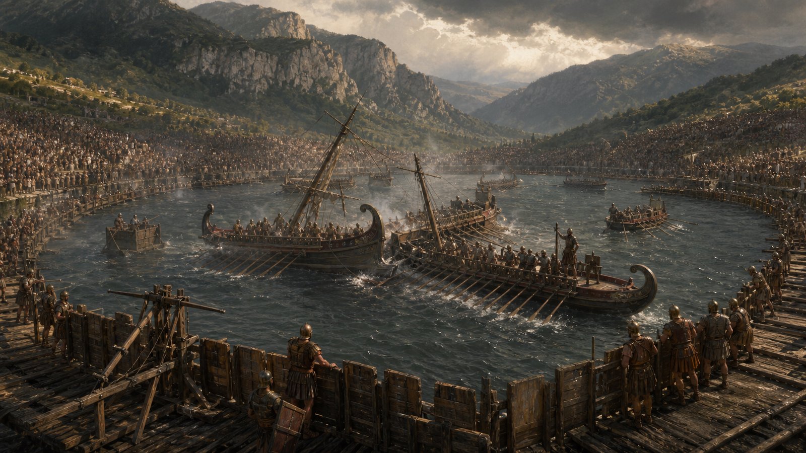 A vertical cinematic view over Lake Fucinus under Emperor Claudius: a vast enclosed naval spectacle with generic ancient galleys maneuvering inside a ring of timber rafts guarded by Roman troops and plain artillery, crowds covering the hills, Claudius in a purple military cloak and Agrippina in a gold-toned mantle on a raised shore platform, historically plausible, no combat gore, no text, no insignia, no watermark.