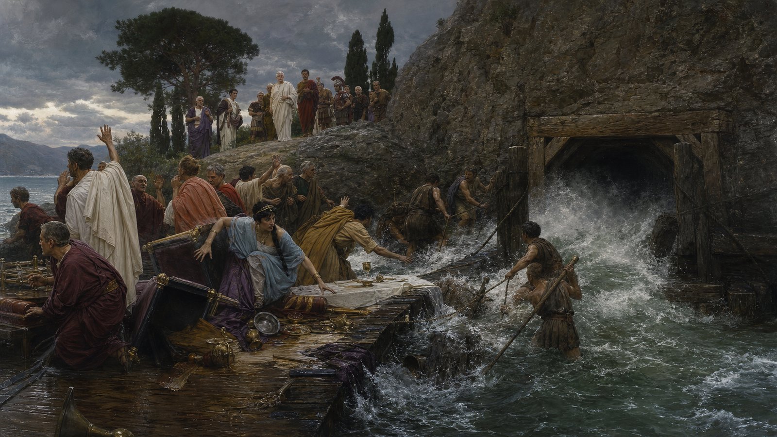 A wide cinematic panorama of the Fucine naumachia: multiple generic trireme and quadrireme-like galleys turning and colliding on a mountain lake, a continuous perimeter of timber rafts with breastworks, Roman guards and plain torsion artillery preventing escape, immense crowds on banks and ridges, realistic historical oil painting, no lettering, no standards, no watermark.