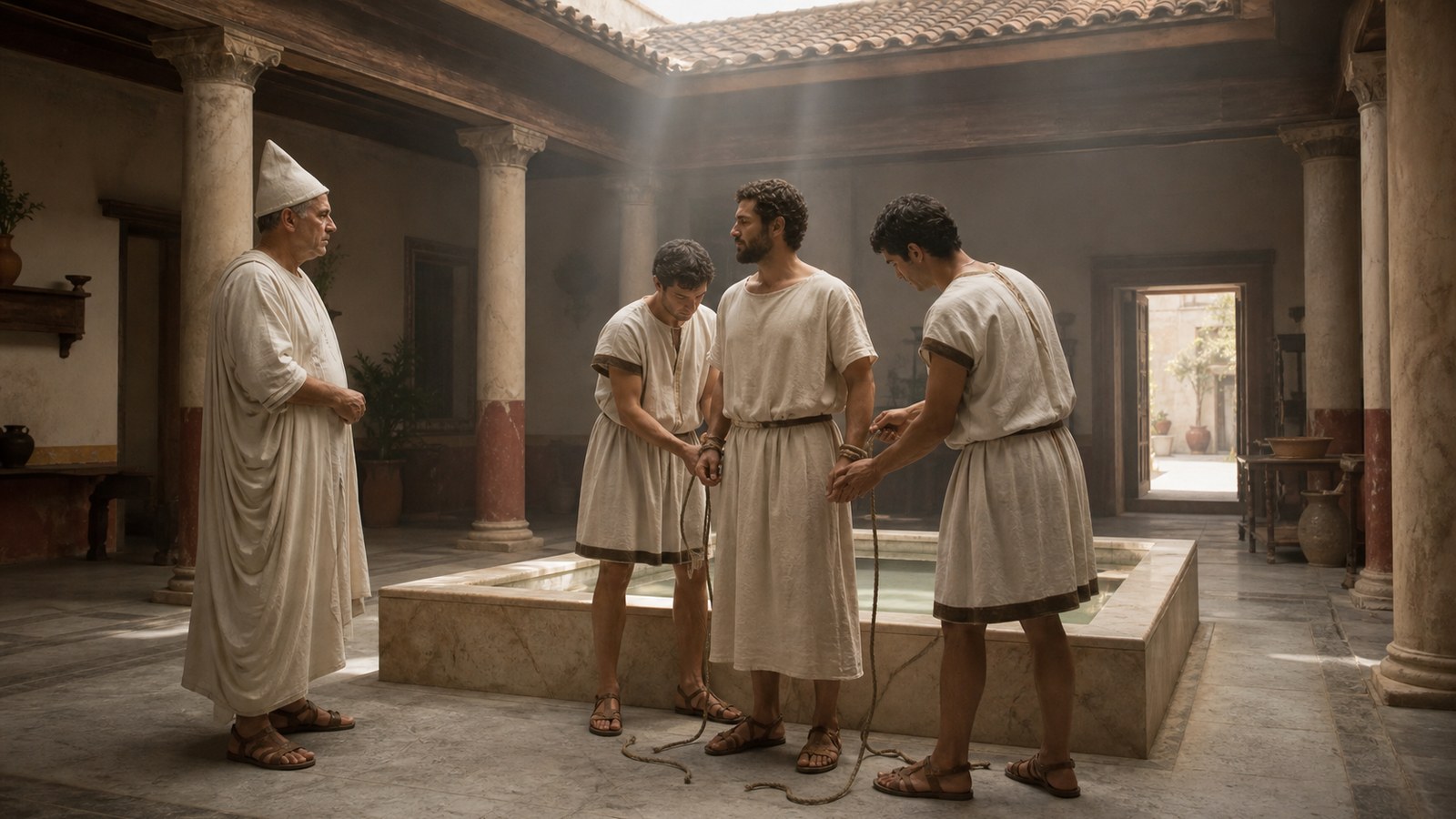 In the atrium of an ancient Roman priestly house, Jupiter’s adult priest in plain white woollen clothing with no tied knots watches as attendants loosen the rope bonds of an adult visitor beneath the open compluvium.
