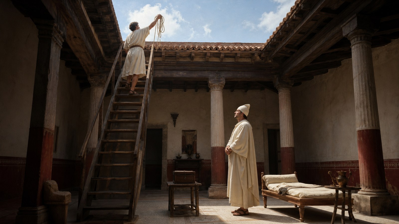 A ritual attendant carries the removed plain rope bonds upward through the square roof opening of a Roman atrium while Jupiter’s white-capped priest stands below beside an uncluttered couch and a small box of sacrificial cakes.