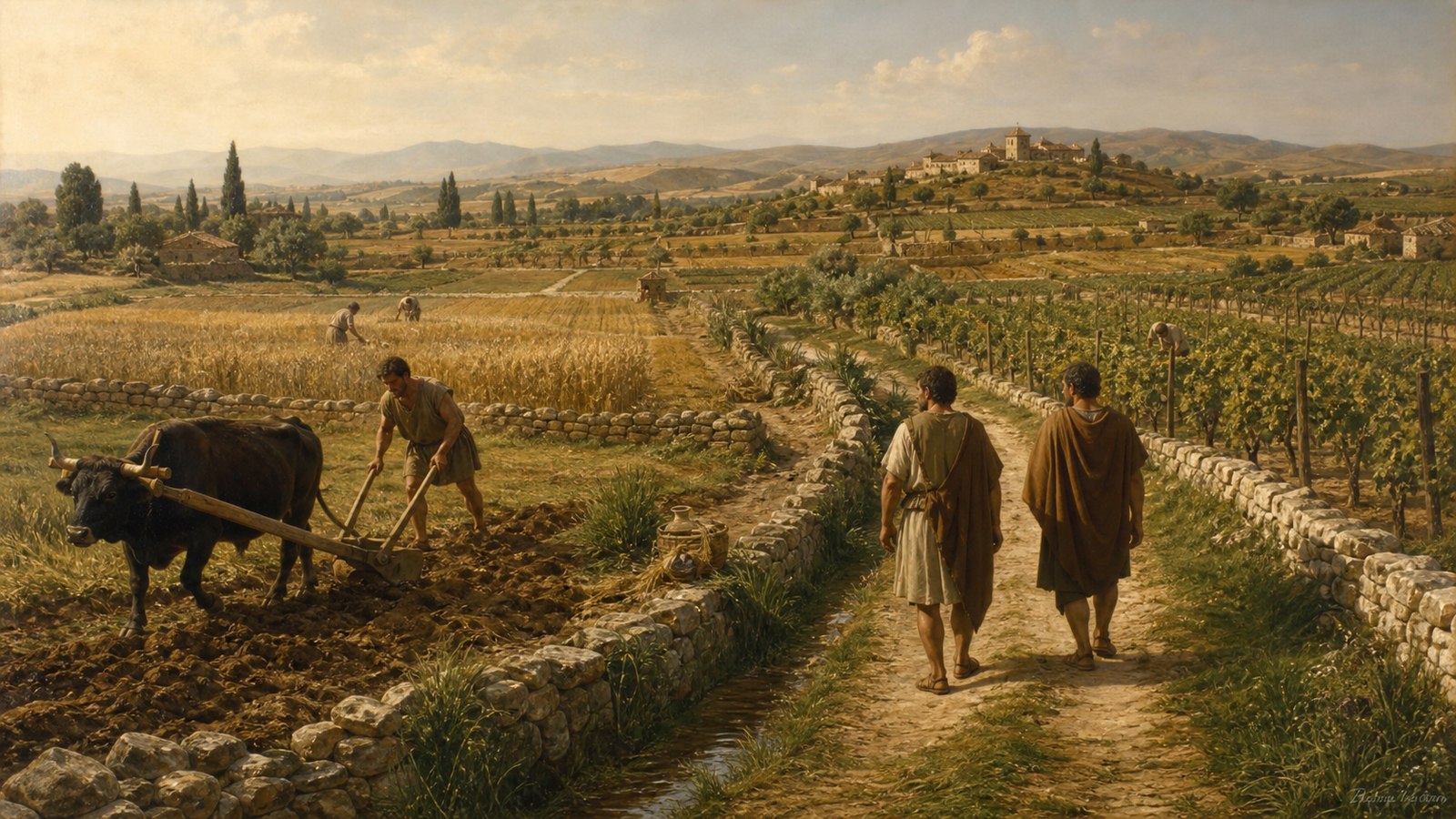 A vivid early Roman countryside inspection scene: an older Sabine king in a plain cream-bordered toga walks with two civic attendants along a carefully tended small farm, speaking with an adult farming family beside straight field boundaries, healthy grain rows, simple wooden tools and a modest stone farmhouse; neighboring neglected scrub visible far in the distance for contrast, cinematic realistic oil-painting, warm late-afternoon earth tones and deep red accents, vertical 4:5 composition, no text, inscriptions, standards, maps, crests, modern objects, or watermark.