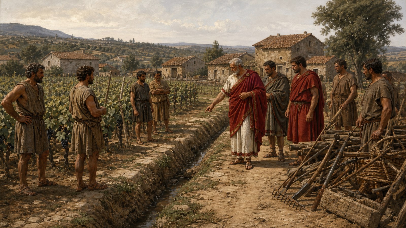A wide administrative landscape in early Rome: several small farms divided by low plain boundary stones and footpaths, adult farmers tending grain, vines and an ox-drawn wooden plough while two unarmed district overseers walk the route and observe irrigation ditches and fences, distant hills and early settlement, historically plausible practical clothing, cinematic realistic oil-painting, horizontal 16:9, no text, numerals, inscriptions, emblems, military standards, modern machinery, or watermark.