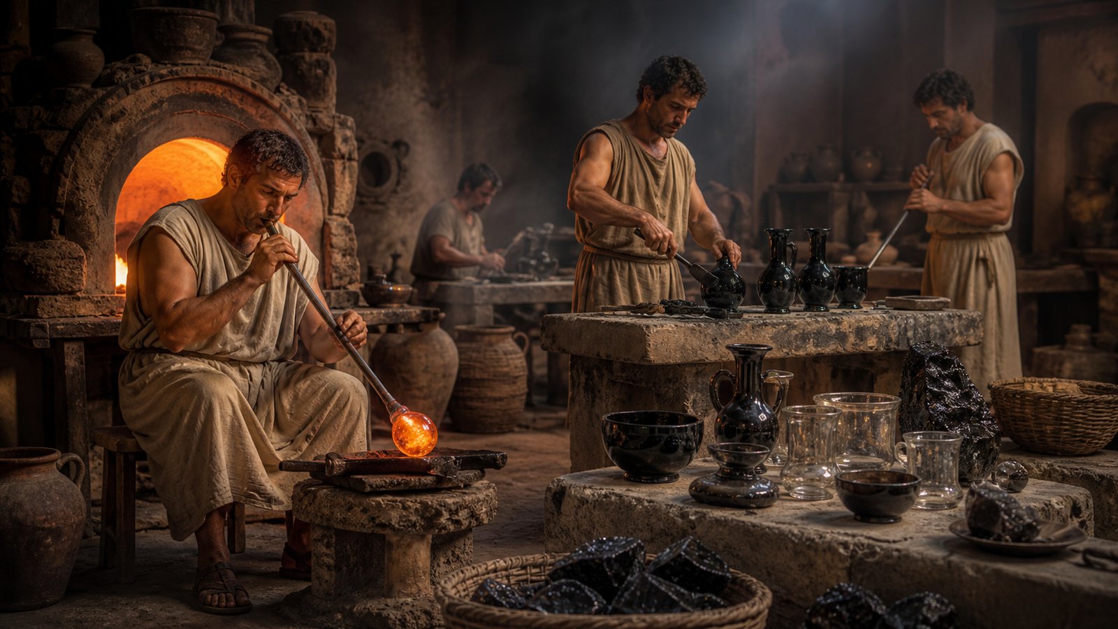 Roman glassworkers could colour glass to imitate obsidian, placing manufactured darkness beside prized transparent wares.
