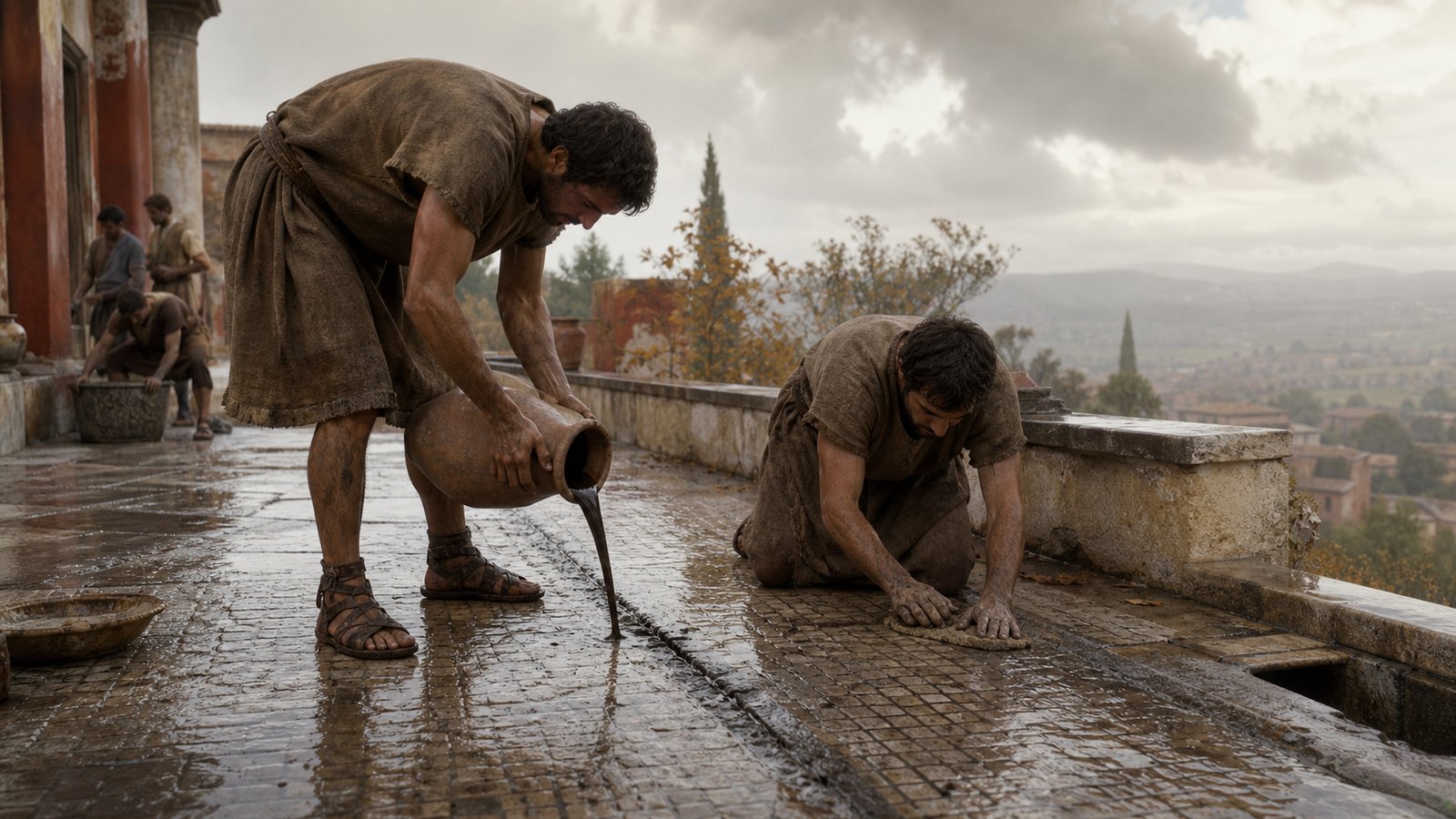 On an open Roman terrace before winter, anonymous workers pour dark olive-oil dregs from a plain clay vessel into the narrow joints of a carefully sloped cube pavement while another rubs the surface; wet autumn light, practical maintenance, no text, emblems or modern objects.