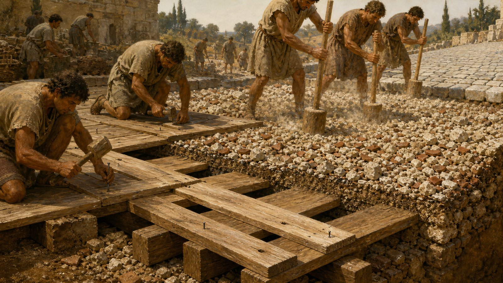 A cutaway construction scene on a Roman terrace shows carpenters nailing a second plank layer crosswise above the first while laborers beat a deep bed of rubble and crushed tile with wooden rammers; the layered mechanism is physically clear, with no labels, text, imperial insignia or modern tools.