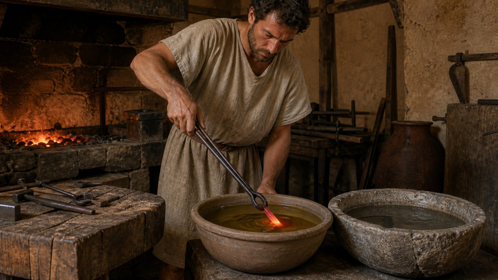 Inside a Roman-era smithy, an adult craftworker uses long plain iron tongs to lower one small red-hot iron tool into a shallow ceramic vessel of golden olive oil beside a separate stone basin of water.