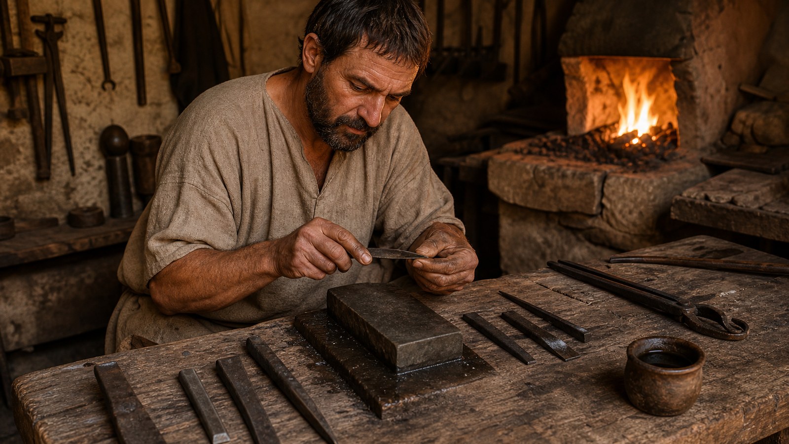 On a heavy wooden bench in the same ancient workshop, several small plain iron tools cool beside an oil-darkened whetstone while a smith carefully tests one newly sharpened edge in warm forge light.