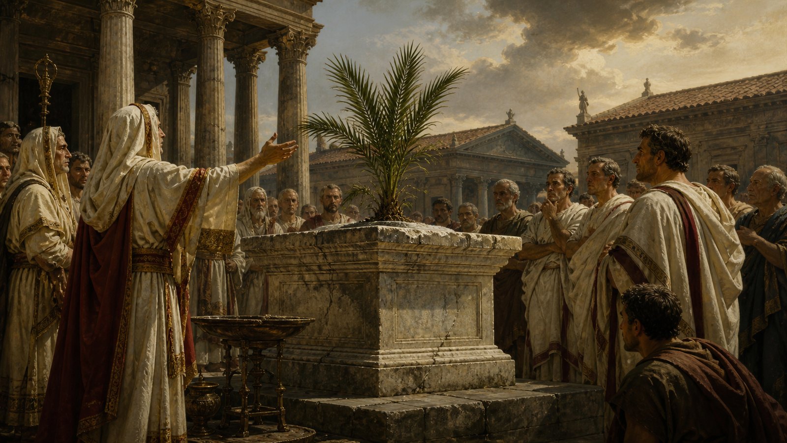 Roman observers gather on the Capitol as a palm grows unexpectedly from Jupiter’s altar, with priests and magistrates debating the strange plant in a charged civic space.