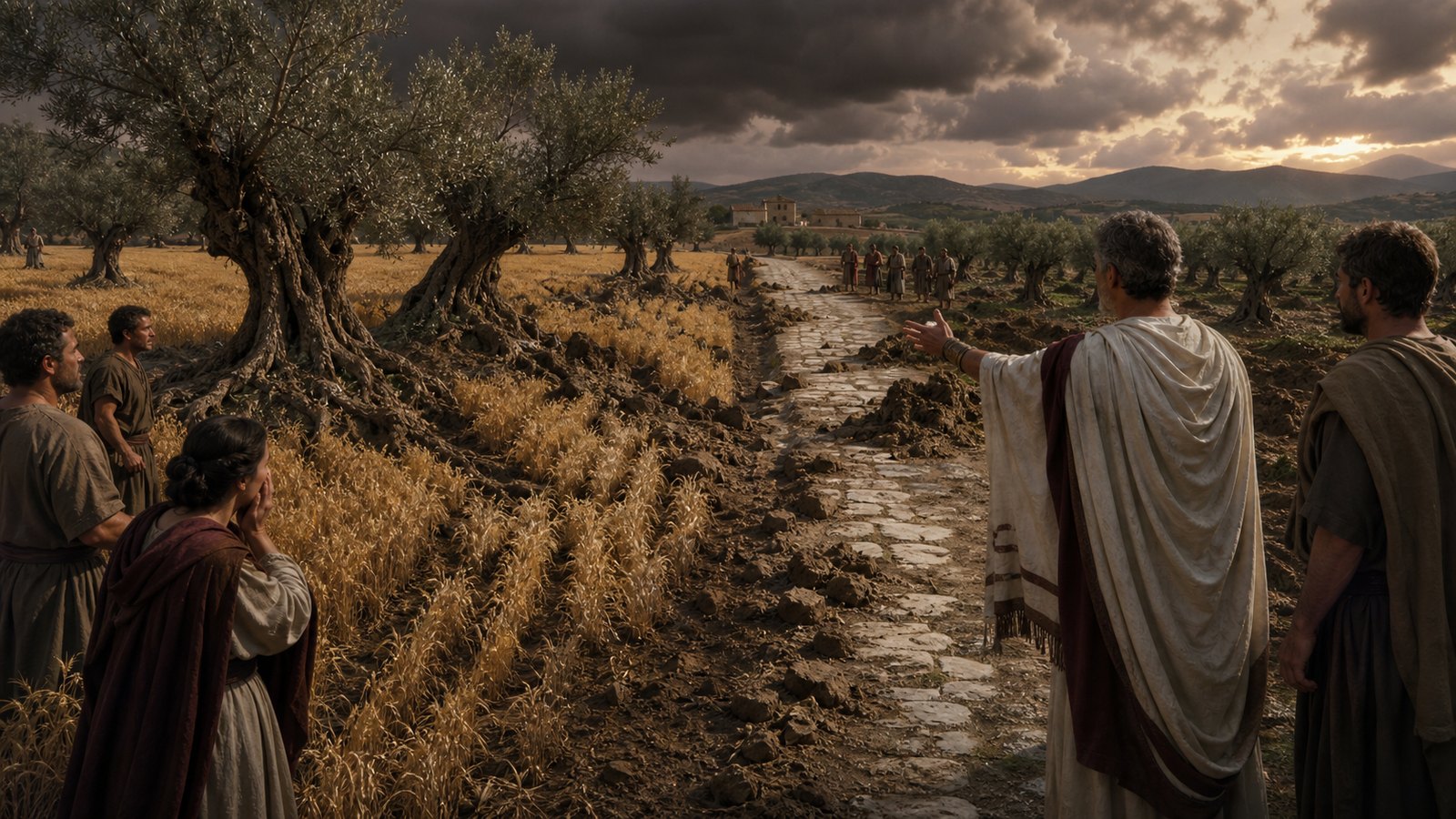 At the fall of Nero, a Roman olive grove appears to exchange places with grain fields across a public road while the equestrian landowner and rural witnesses confront the impossible landscape.