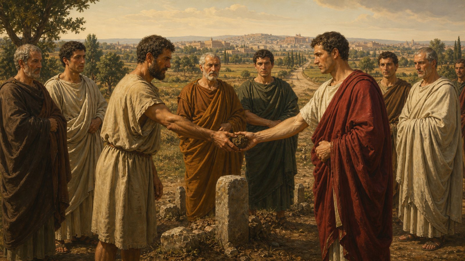 Two Roman litigants kneel at the boundary of a disputed field while witnesses watch them lift one compact clod of earth for the journey back to the city court.