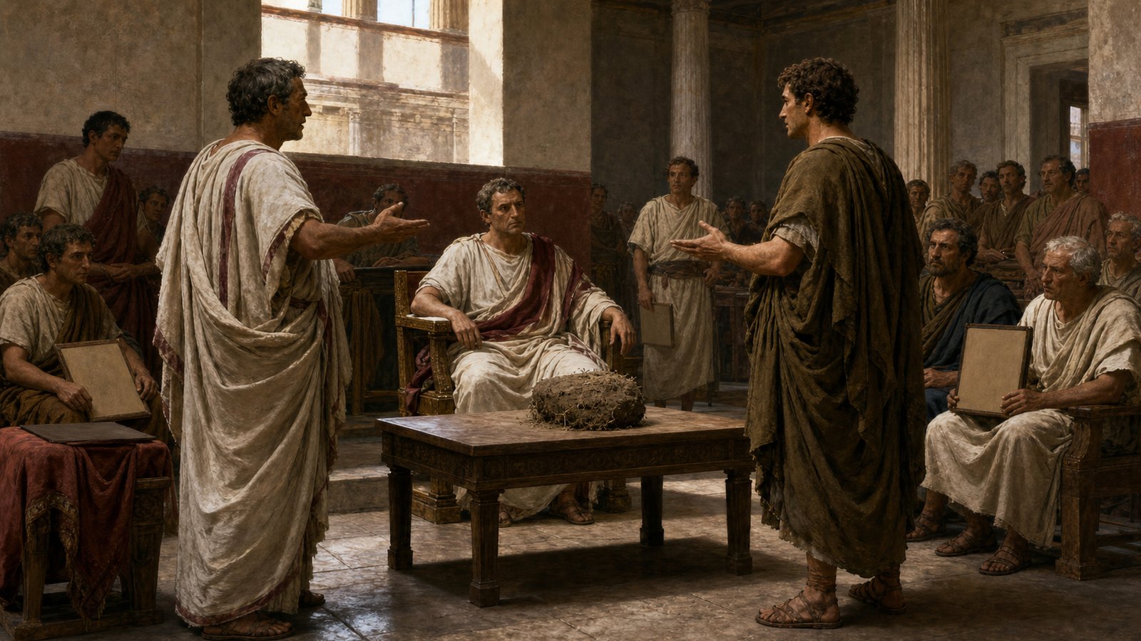 Inside a crowded praetor’s court, opposing claimants present a single rough clod on a plain table as the portable legal stand-in for farmland lying far beyond Rome.