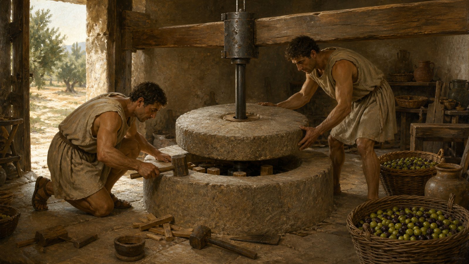 Inside a Republican Roman olive-processing room, two workers mount heavy circular crushing stones around a straight iron pivot while a craftsperson packs willow wedges and prepares a small ladle of molten lead.