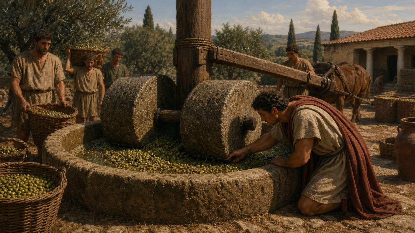 At harvest time, an overseer kneels beside an olive mill and checks the narrow clearance beneath the stone with one little finger while crushed green olives collect in the broad stone basin.