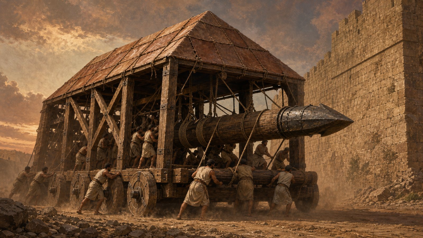 A vast Hellenistic siege tortoise described by Vitruvius advances across dry ground toward a fictional stone city wall: an enormous timber frame on eight thick composite wooden wheels, sloping roof armored with raw hides and hair-tempered clay, a long suspended iron-beaked ram protruding from the front, dozens of fictional ancient engineers and soldiers working ropes beneath cover, historically plausible wood joinery and iron fittings, cinematic realistic oil-painting, dramatic dusty daylight, no readable text, no emblems, no watermark, no modern objects.