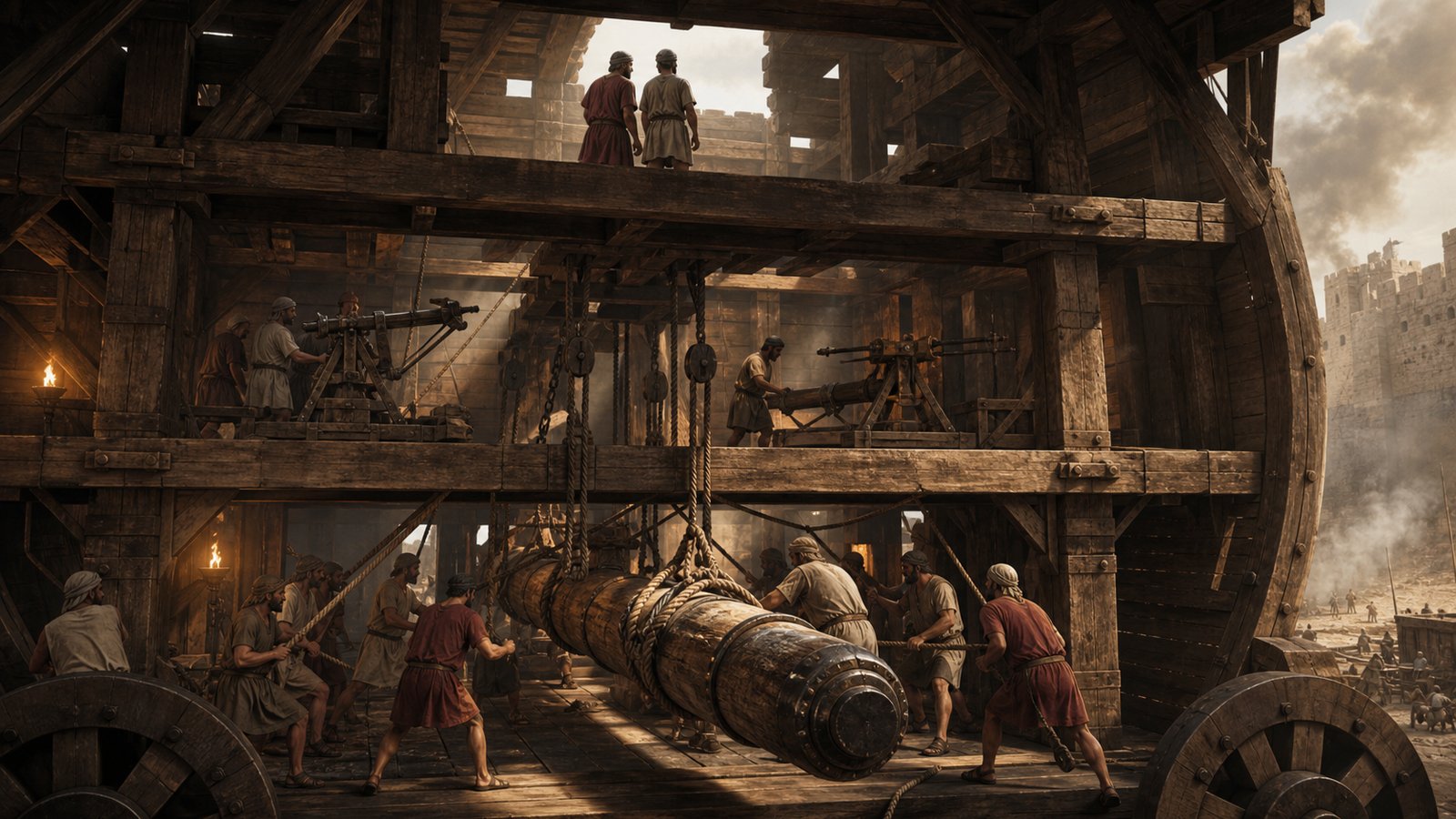 Inside the same colossal siege machine, a historically plausible cutaway-like scene shows fictional operators coordinating a huge suspended timber ram with thick ropes, iron chains and axle blocks while two protected observers watch from a small turret above; a scorpion and catapult stand on the middle floor, rawhide shielding and heavy timber braces surround the crew, dramatic torch and daylight, cinematic realistic oil-painting, no readable text, no logos, no watermark, no modern machinery.