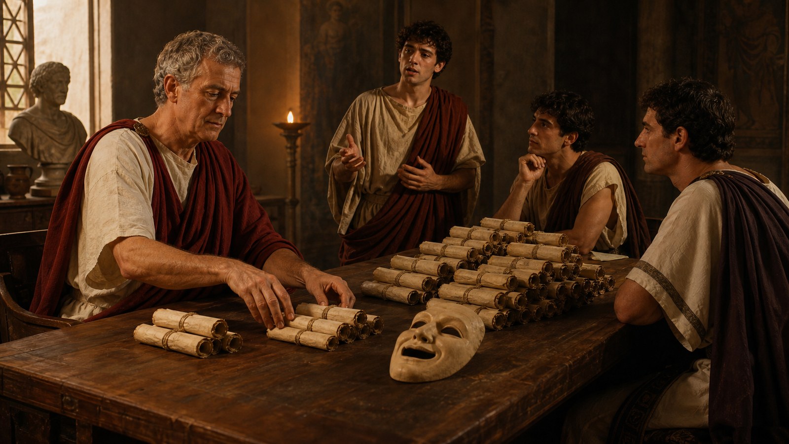In a Roman study, Varro and two readers compare open comedy rolls, listening as one scholar recites aloud while wax tags and tied scrolls form an evidence table.