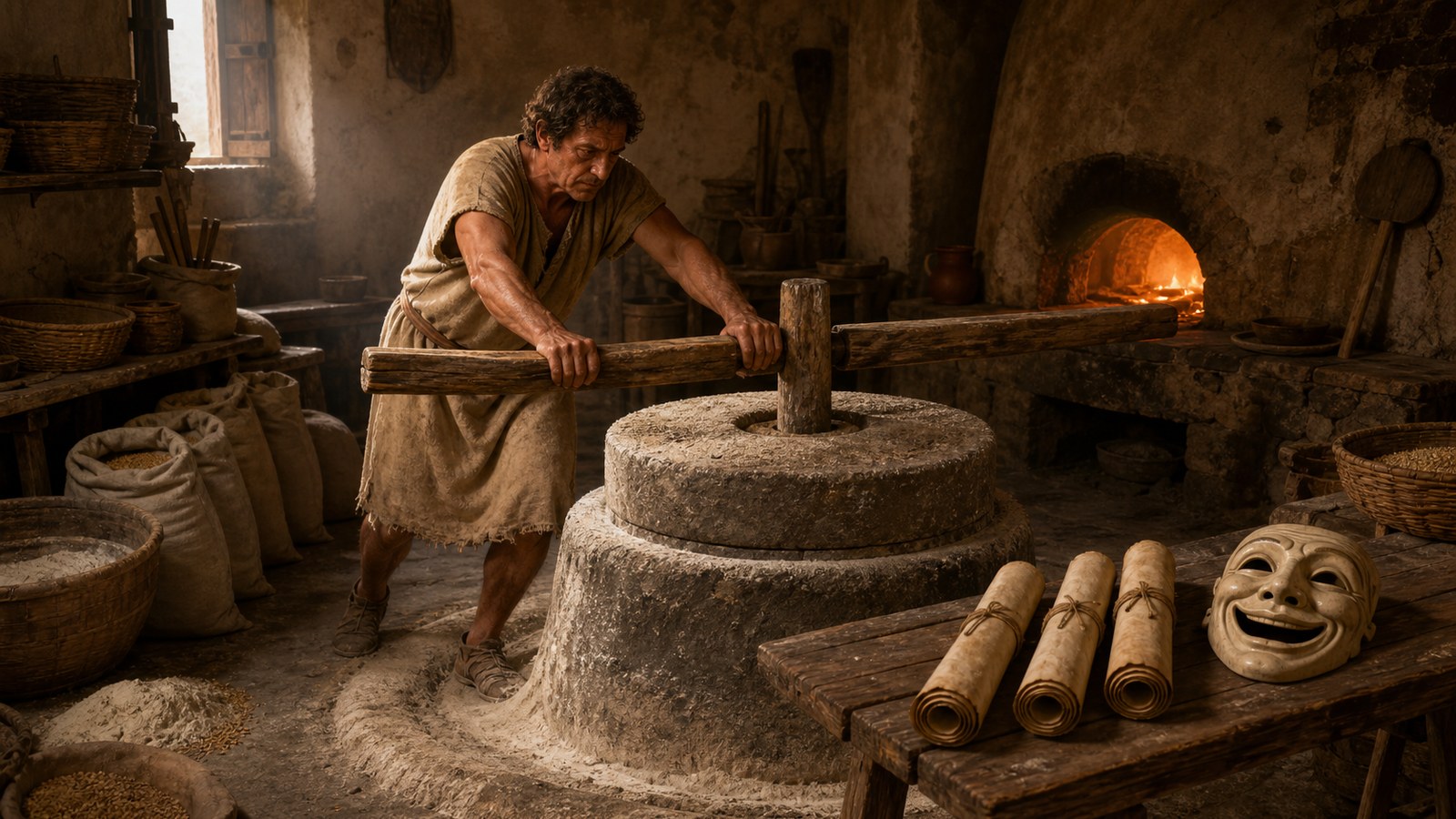 A comic rehearsal in a modest Roman theatre reveals the evidence ancient critics heard: actor, reader, and scholars test rhythm and verbal timing while disputed scrolls wait nearby.