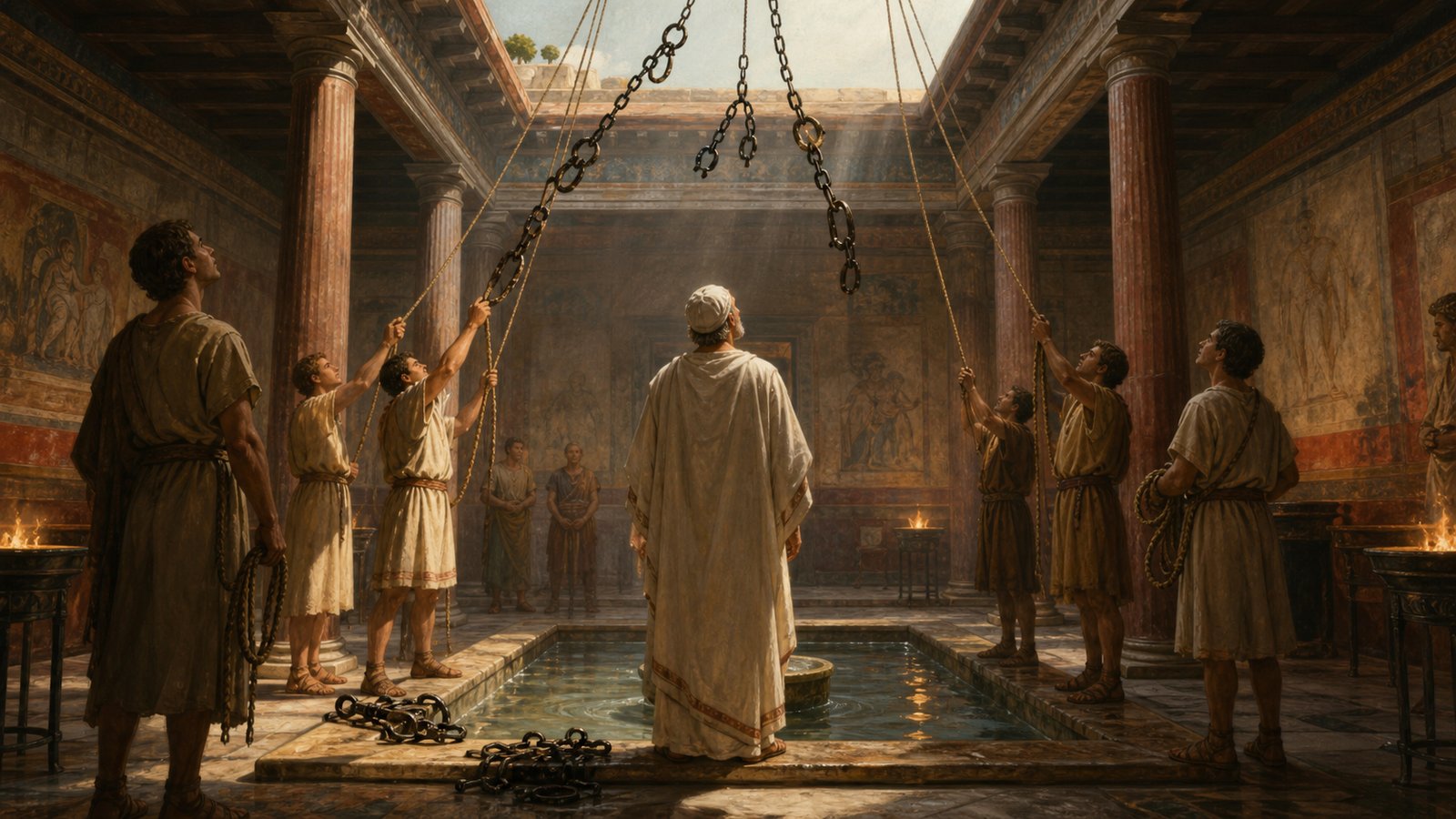 Gellius says fetters had to be removed inside the Flamen’s house, then drawn through the roof opening and lowered into the street; knots were also forbidden in the priest’s dress.