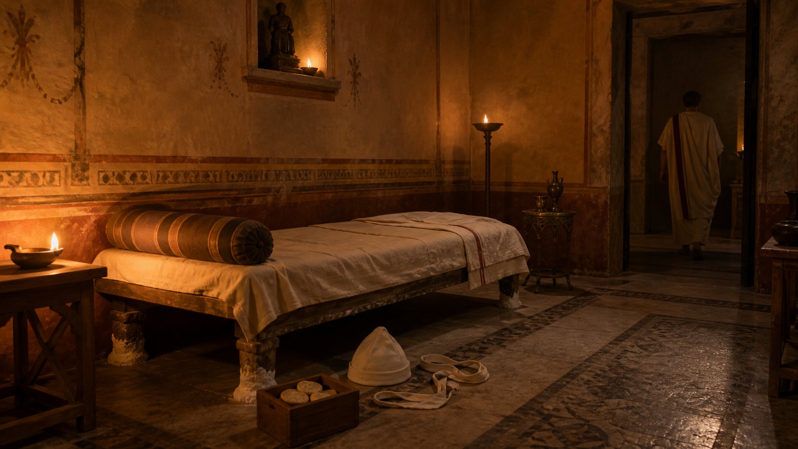 The Flamen could not spend three consecutive nights away from his designated couch, whose clay-coated feet and box of sacrificial cakes anchored office to household space.