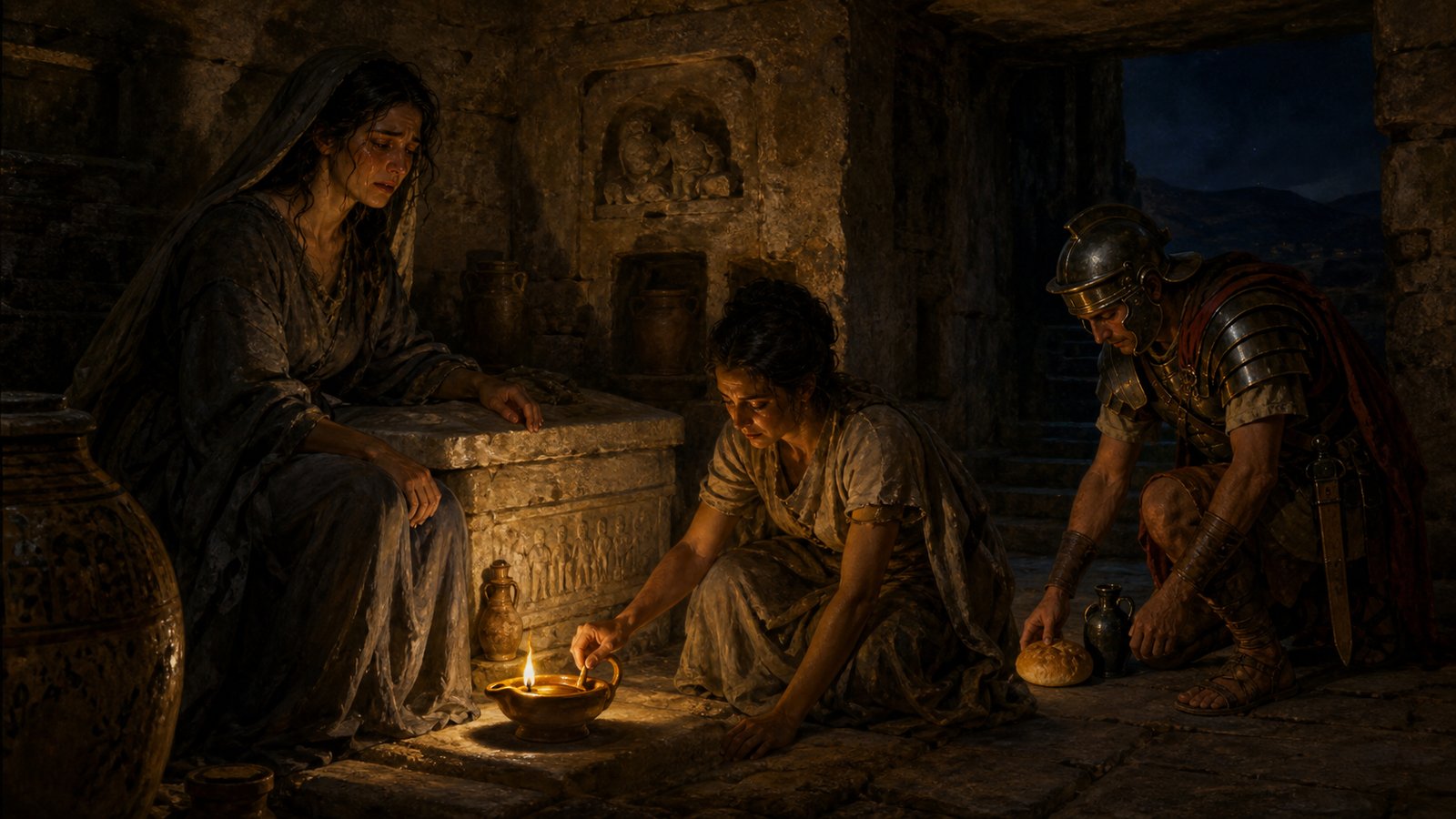 A lamp, an untouched ration and two exhausted mourners turn the tomb into a stage where grief, hunger and persuasion can be watched changing the scene.