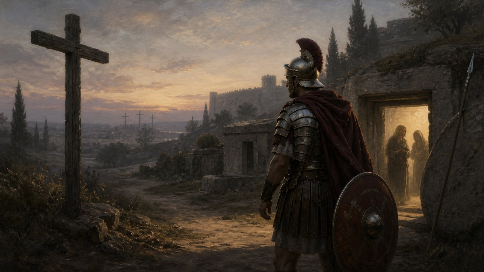 The soldier returns to a vacant cross at dawn: the private refuge has suddenly produced a public danger that neither lover can hide with words alone.