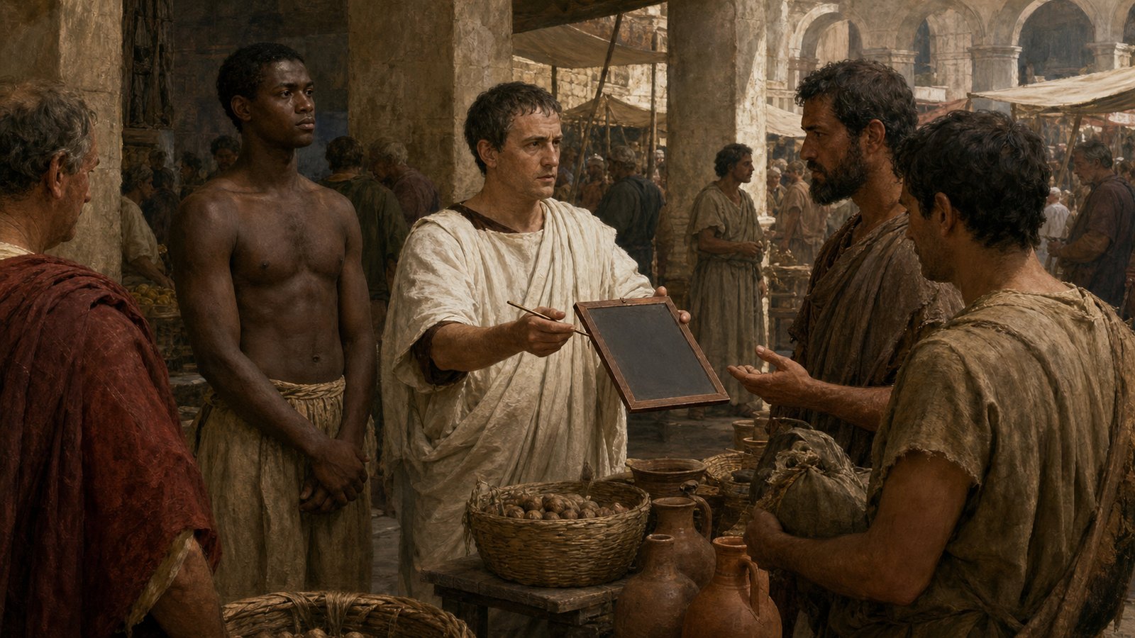 At a crowded Roman market, a curule aedile examines a plain wax sale ticket while a merchant and prospective buyer wait beside an enslaved adult; the official disclosure process, not spectacle, is the focus, with no readable writing or modern objects.