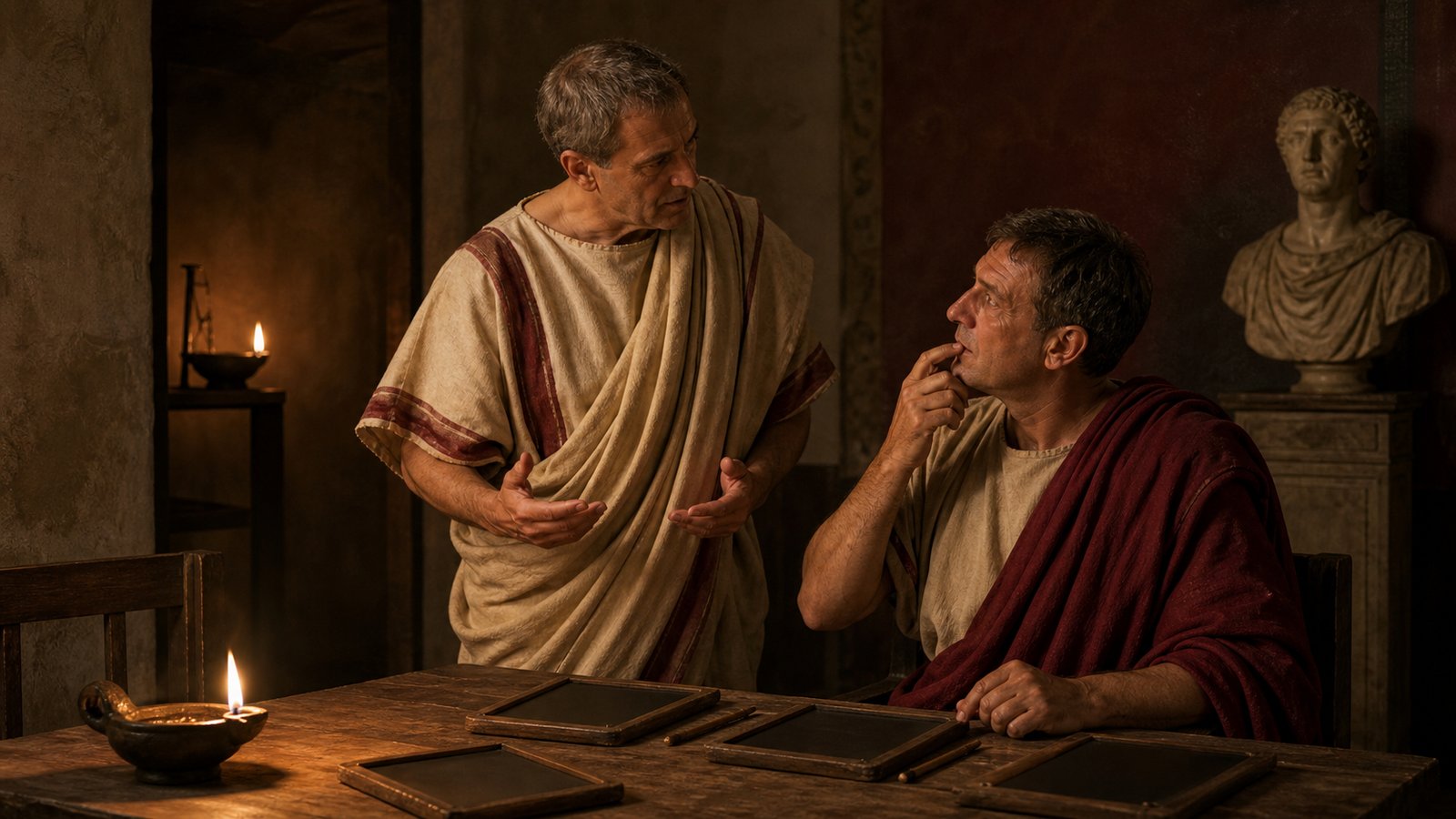 Inside a Roman jurist’s study, two legal advisers debate beside wax tablets while a sober adult model indicates one missing tooth; shelves, styluses and lamplight frame the dispute without readable text or demeaning caricature.