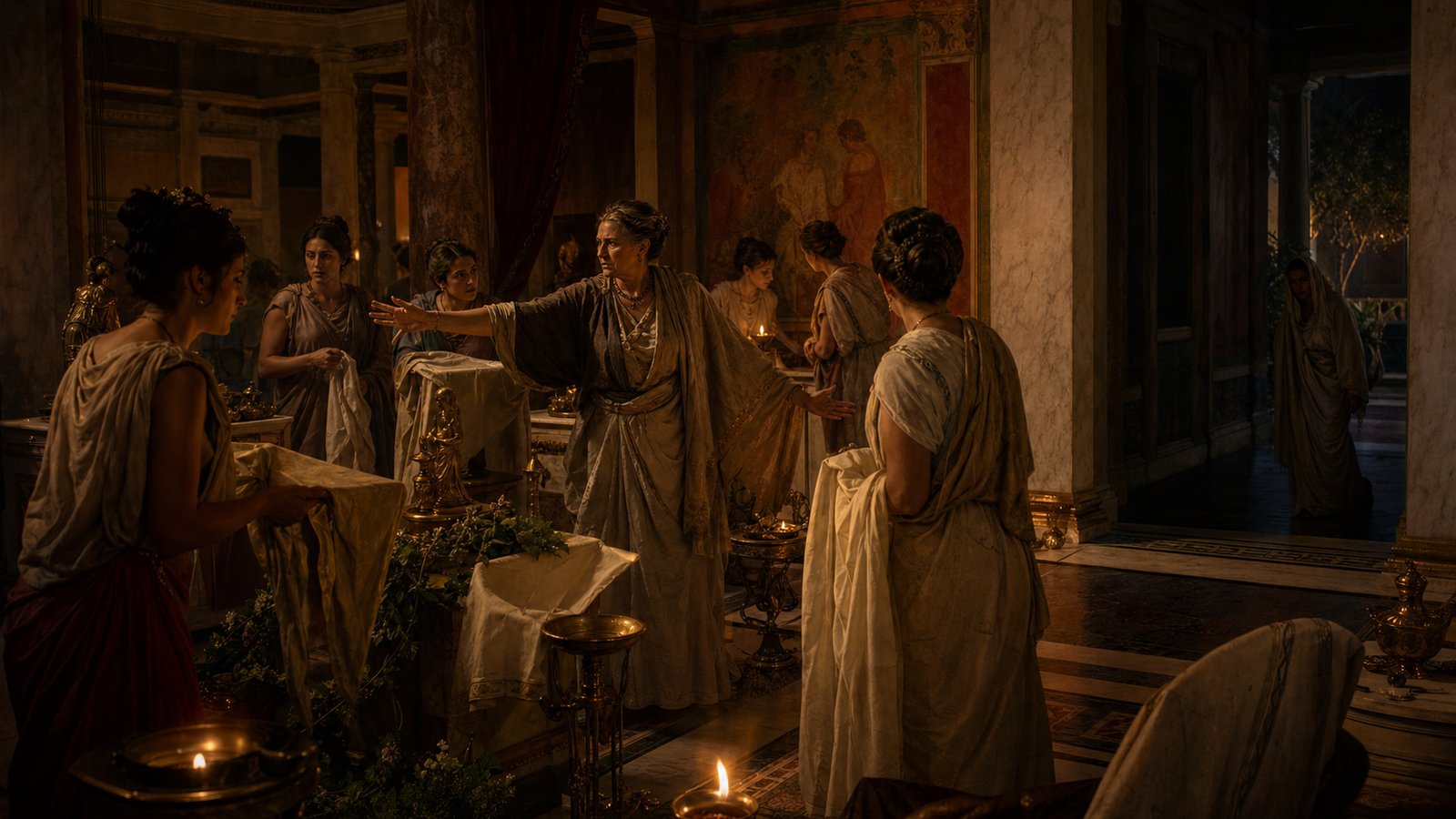 Inside Caesar’s lamplit house, women halt the Bona Dea ceremony as Aurelia orders sacred objects covered and servants begin searching rooms for the disguised intruder.