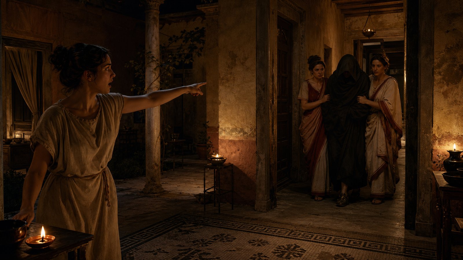 At the threshold, a household servant’s alarm turns Clodius’s private infiltration into a public sacrilege whose consequences move from women’s ritual space to Rome’s courts and political factions.