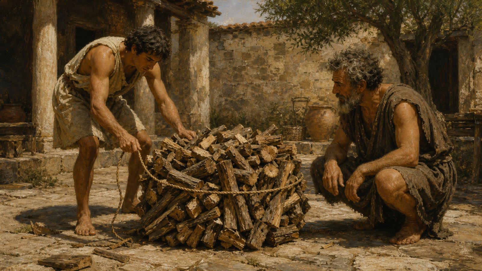 On a road outside ancient Abdera, a young hired porter carries a broad near-circular bundle of cut firewood on his back, held securely by one visibly short plain rope, while the older philosopher Democritus pauses to study the precise balance, historically plausible Greek clothing, no text, symbols, coins, or modern gestures.