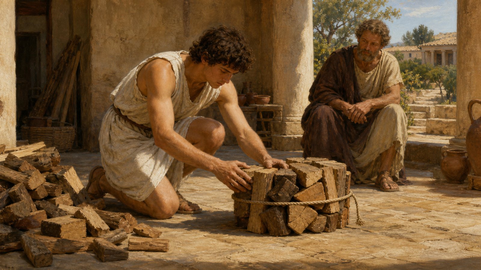 In a modest courtyard at Abdera, the young Protagoras calmly unties and rebuilds the same circular firewood bundle before Democritus, arranging uneven blocks so their weight locks together under a short rope, with the test and manual skill clearly visible, no writing, diagrams, logos, or modern tools.