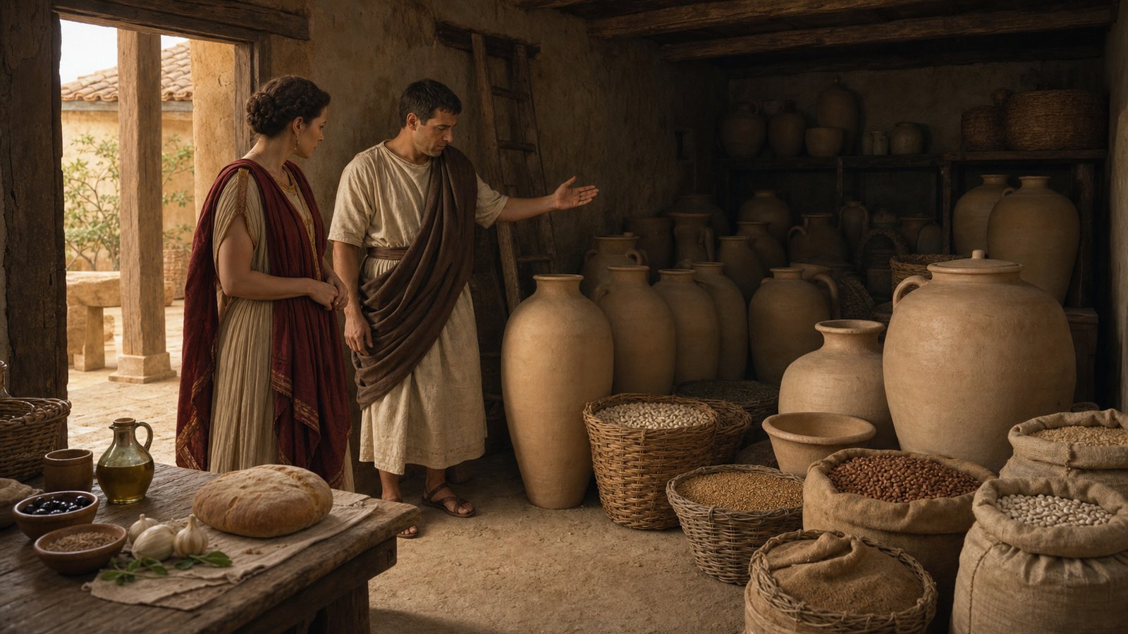 Inside a prosperous but practical Roman household storeroom, a matron and steward inspect amphorae, grain jars, baskets of beans, oil vessels and stacked supplies receding into a cool interior, with a small meal portion set apart near the doorway, historically plausible first-to-second-century material culture, no text, labels, symbols, or modern objects.