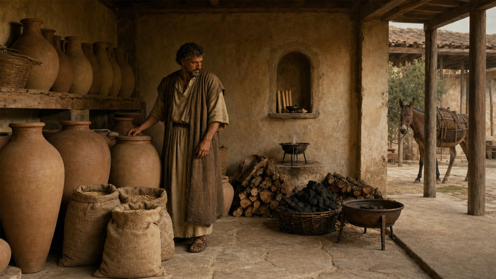 A Roman household provisioning scene arranged around use rather than luxury: sealed amphorae and grain jars for long storage, wax tapers and incense near a domestic shrine, charcoal and split firewood beside a brazier, and fodder for a pack mule visible in the courtyard beyond, no writing, labels, coins, modern gestures, or anachronistic containers.
