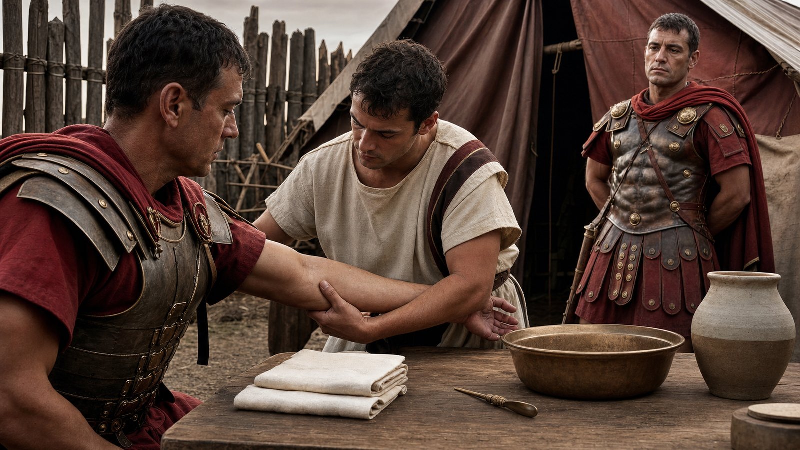 A non-graphic disciplinary scene inside a Roman marching camp: an adult legionary sits upright on a plain stool with his bare forearm extended while a calm military medical attendant applies a clean linen binding at the elbow; a centurion and two soldiers witness the formal procedure, restrained expressions, timber palisade and leather tents behind them, historically plausible first-century equipment, no visible wound, no blood, no text, standards, emblems, letters, modern objects, or theatrical cruelty.