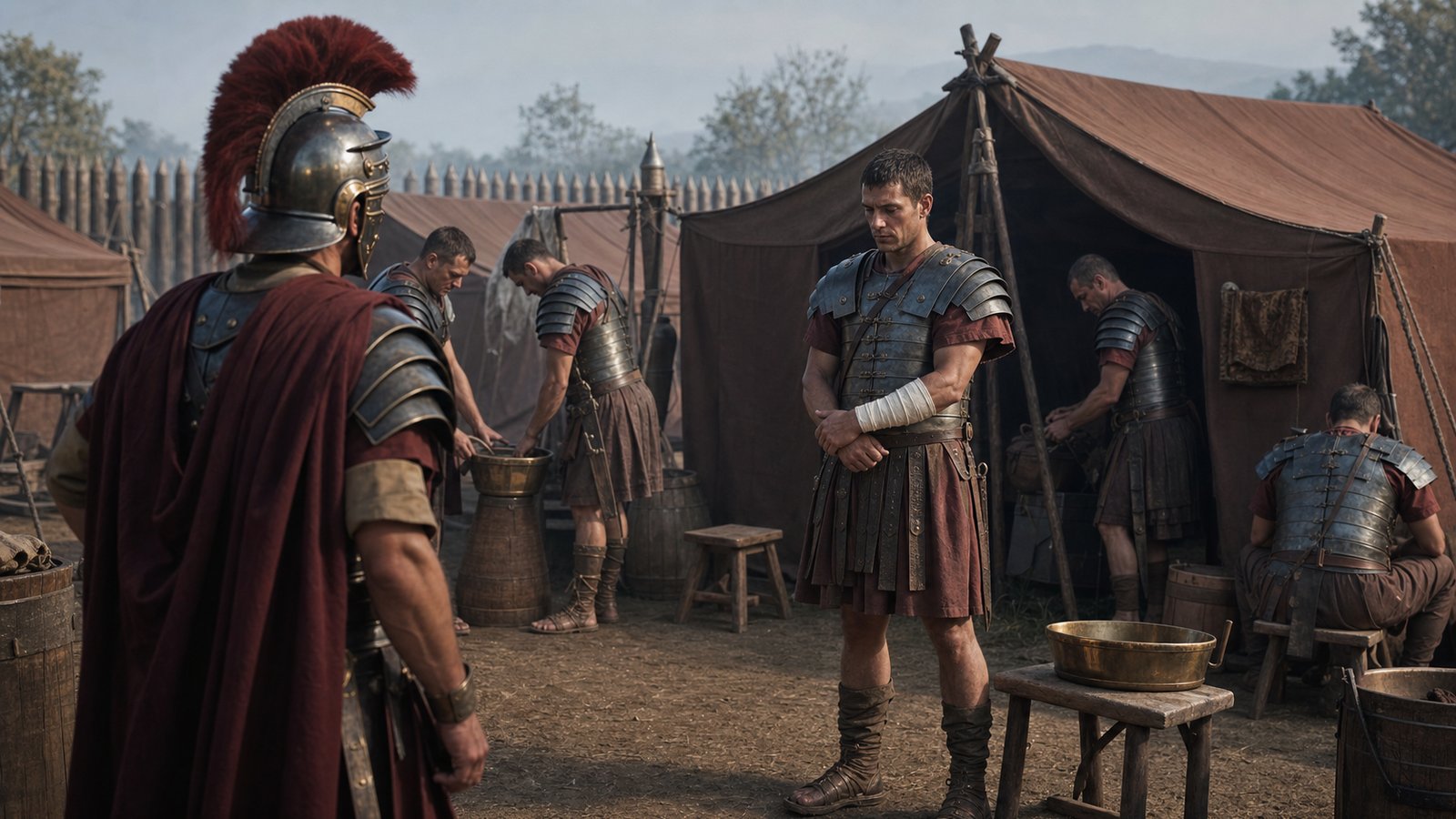 A close but non-graphic Roman medical preparation on a plain wooden camp table: a trained attendant steadies an adult soldier’s forearm beside folded linen pads, a bronze basin, a simple bronze lancet and a small water vessel, with an officer observing from a respectful distance; precise practical atmosphere, no incision shown, no blood, no text, symbols, labels, modern tools, glass syringes, or decorative pseudo-writing.