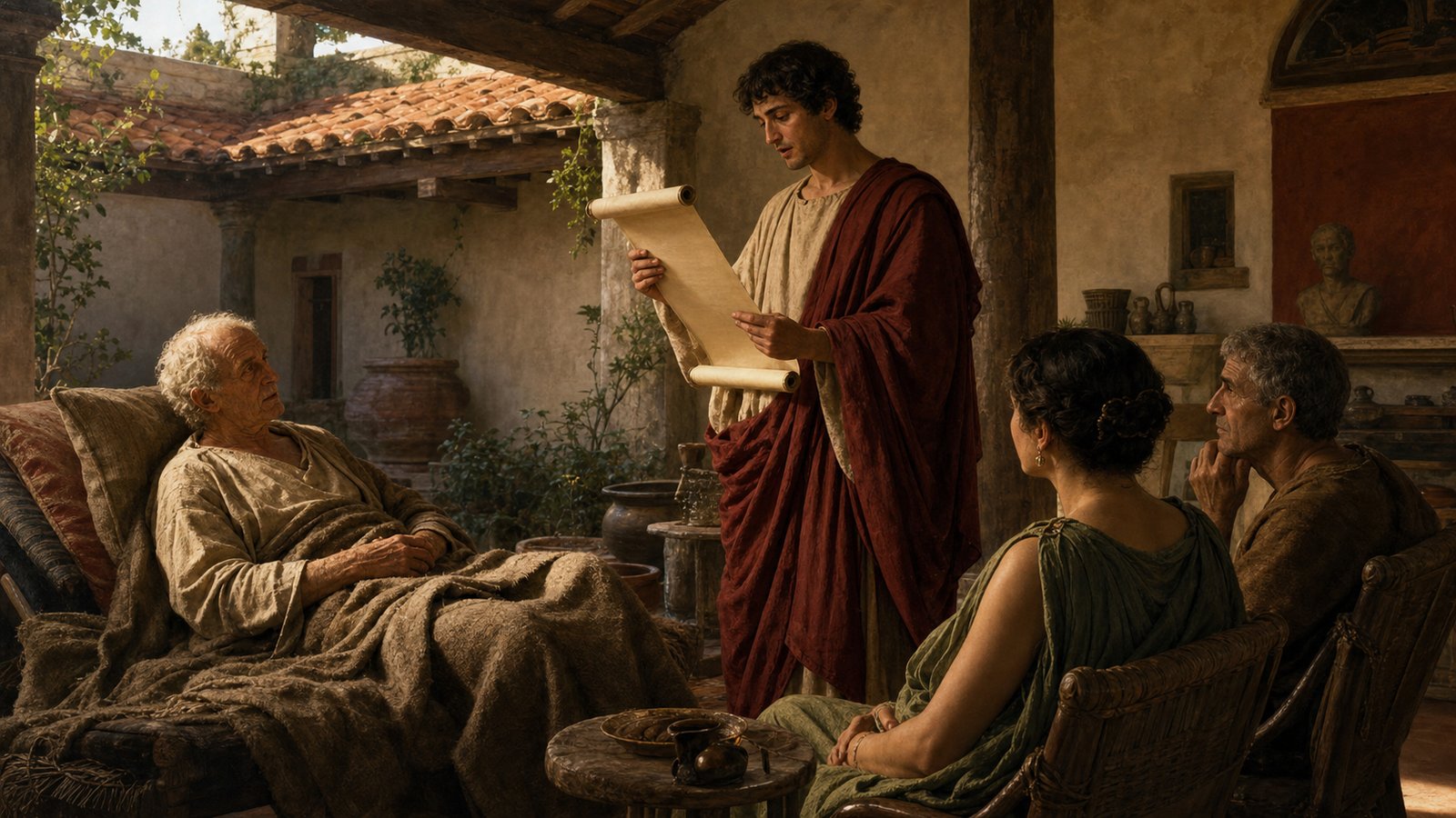 In a shaded courtyard house at Tarentum, an elderly Roman tragedian reclines under blankets while a younger poet stands reading from an unlettered wax tablet, two generations listening closely with restrained expressions, no visible text or modern objects.