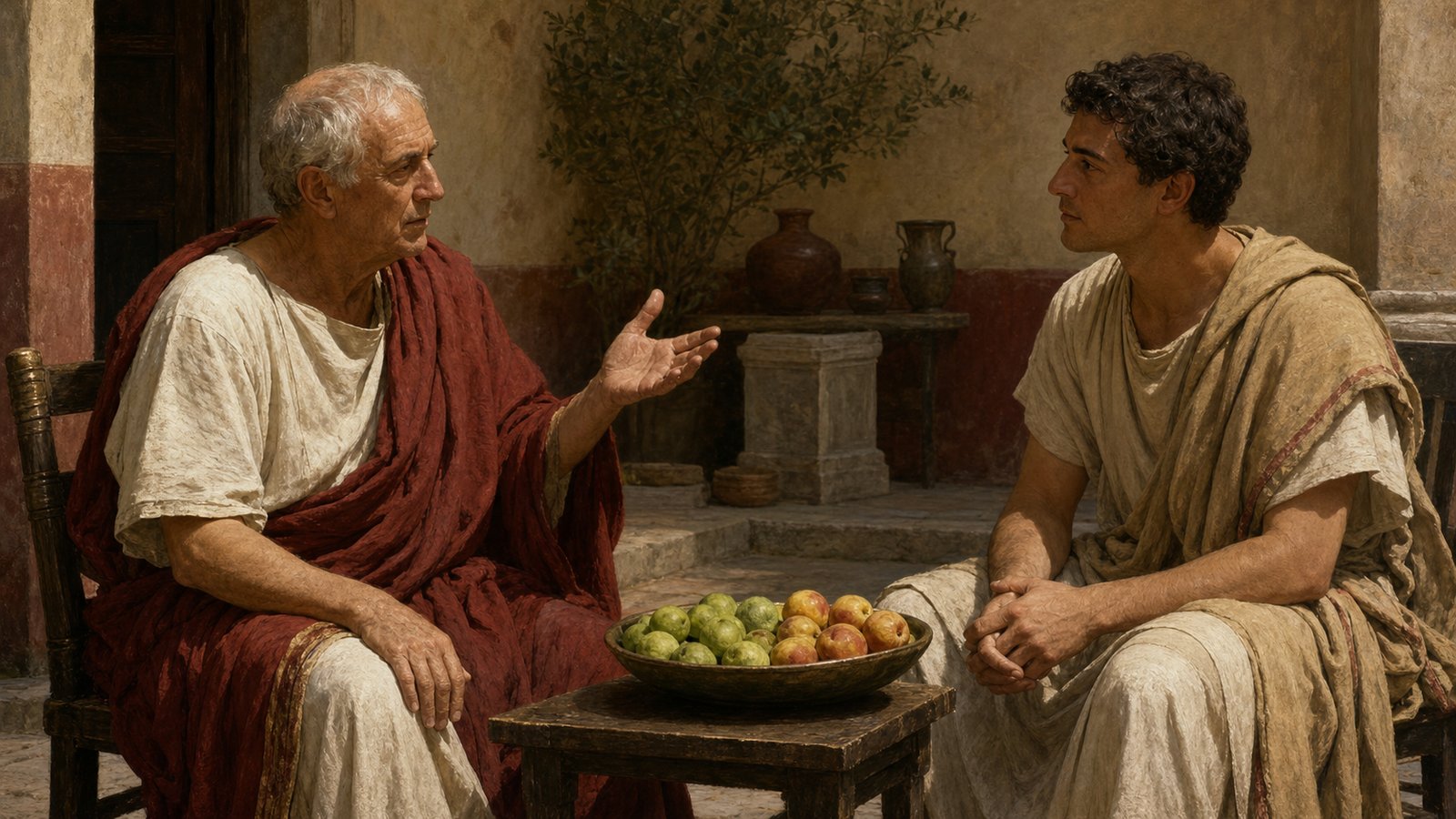 After the reading, the older poet gestures with a measured open hand while the younger considers a bowl containing firm green fruit beside ripe fruit, an editorial metaphor emerging through conversation rather than theatrical performance, no writing.