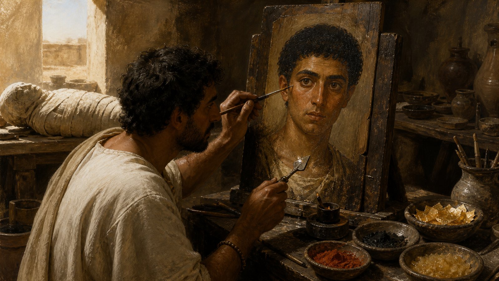 A portrait panel required paint, wood and a funerary fitting: the face became part of the wrapped body rather than a separate gallery object.