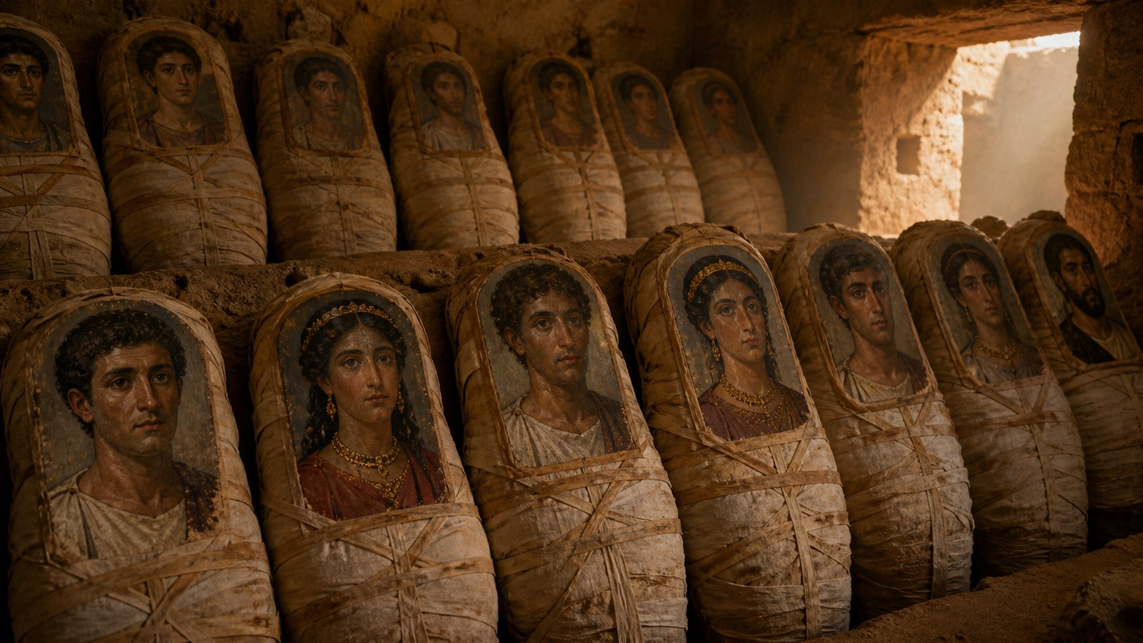 Groups of surviving portraits reveal variation in hair, jewellery, clothing and technique across Roman Egypt.
