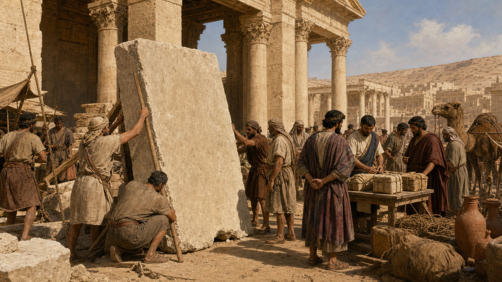 A wide cinematic reconstruction of second-century Palmyra: civic workers raise a massive pale limestone tariff slab beside a colonnaded market gate while caravan merchants wait with camels, bales and plain amphorae; show only the blank rear face and rough edges of the slab so no letters or pseudo-inscriptions appear, municipal officials counting sealed bundles at a wooden table, historically plausible desert-city clothing and architecture, realistic oil-painting style, no text, no logos, no watermark.