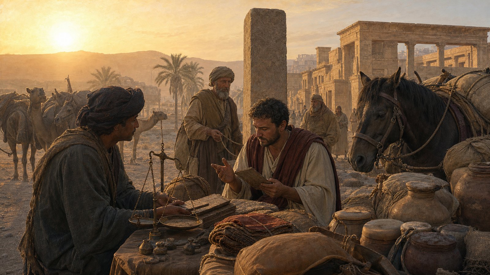A wide Palmyrene customs scene at dawn: an incoming caravan pauses outside the city while an anonymous clerk and merchant compare plain unmarked tally tablets beside bundles of cloth, oil jars and a pack animal; the long tariff stone stands edge-on in the background with no visible writing, emphasize weighing, counting and negotiated passage rather than exotic spectacle, cinematic realistic oil-painting, no text, no symbols, no watermark, no modern objects.
