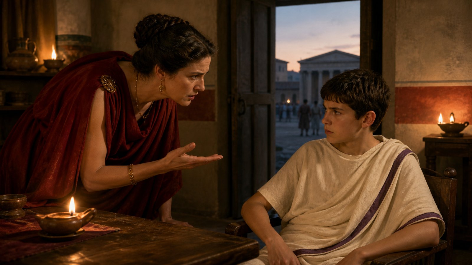 Young Papirius stands just inside a monumental Republican Roman senate-house doorway beside his toga-clad father, wearing a restrained purple-bordered youth’s toga; beyond him, anxious Roman matrons gather in the forum while senators turn toward the commotion, cinematic historical realism, no text, emblems or imperial-era armor.