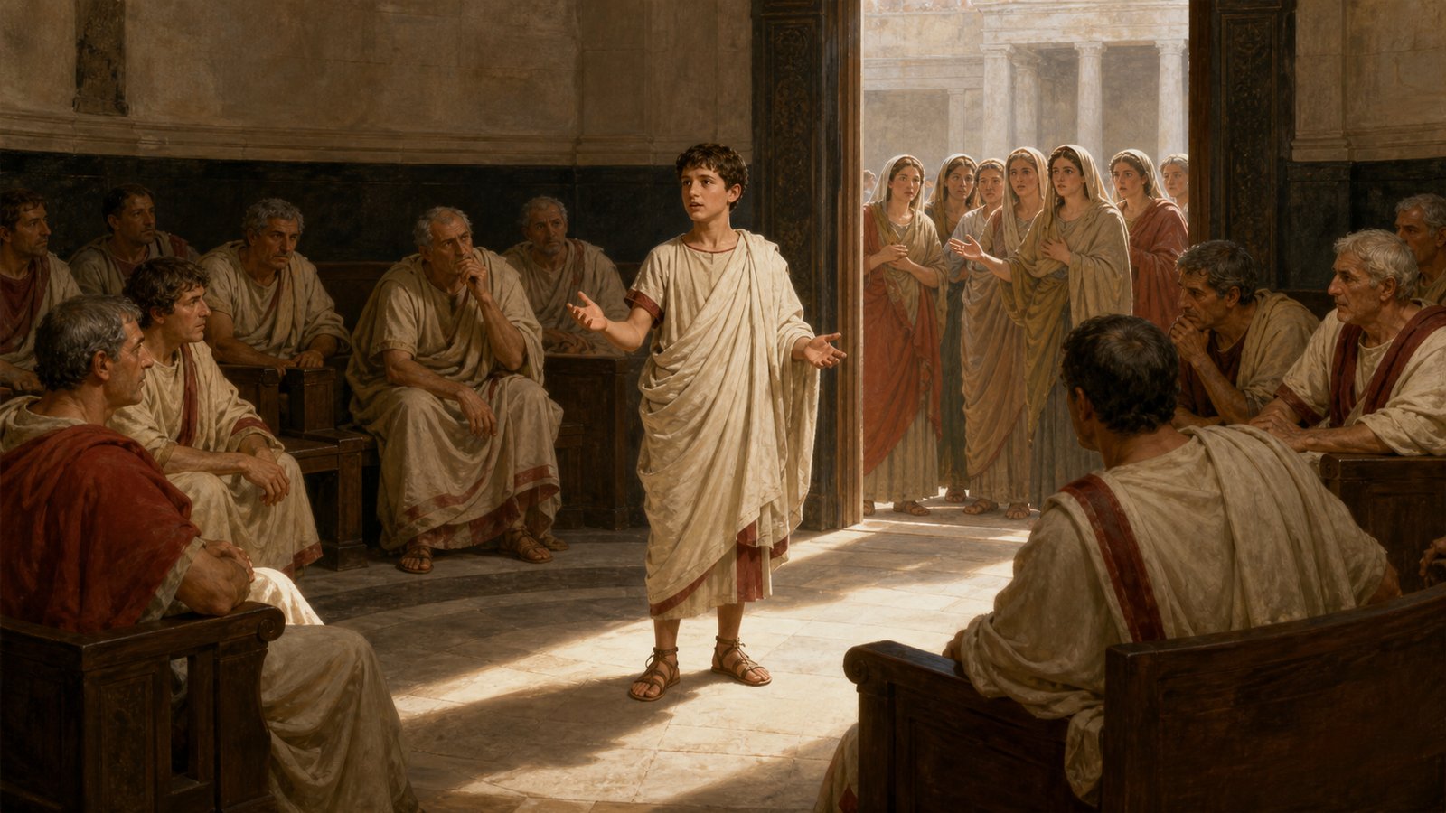 Inside a Republican Roman household at dusk, an insistent matron questions her seated young son Papirius; he keeps a composed expression and wears a purple-bordered toga while a doorway visually separates the private room from the civic forum beyond, historically grounded furniture and lamps, no text, emblems or modern objects.