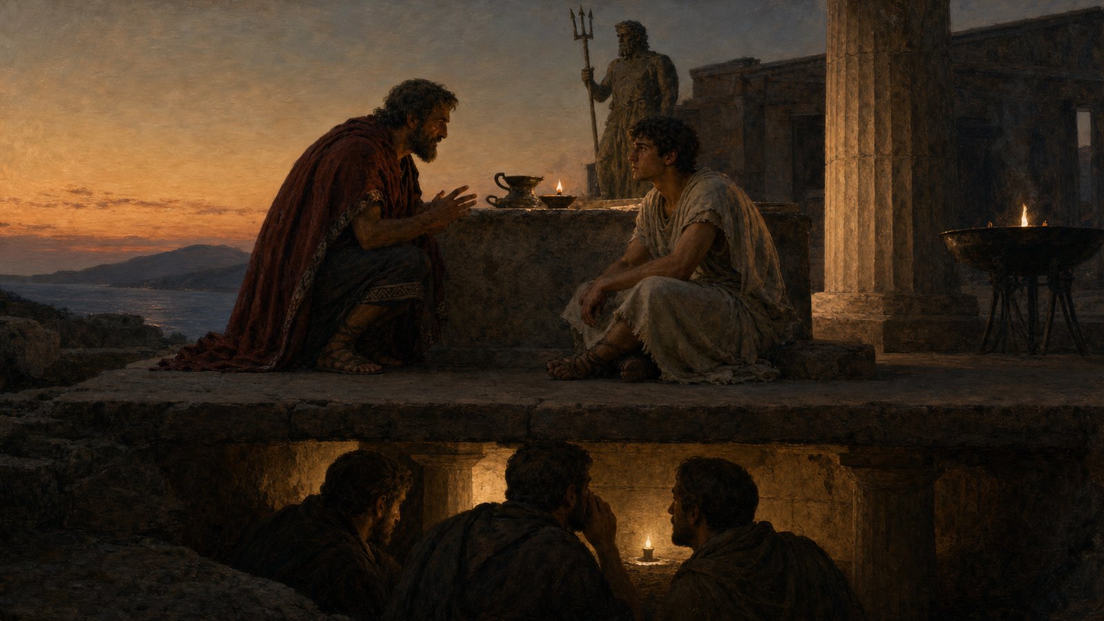 At the bronze-clad sanctuary of Athena Chalkioikos in ancient Sparta, an elderly fictional Spartan mother in a plain dark wool peplos solemnly carries the first rough stone toward a doorway that civic officials are beginning to block; restrained crowd, severe mountain light, historically plausible 5th-century BCE Greek architecture and clothing, no readable text, no logos, no famous likenesses.