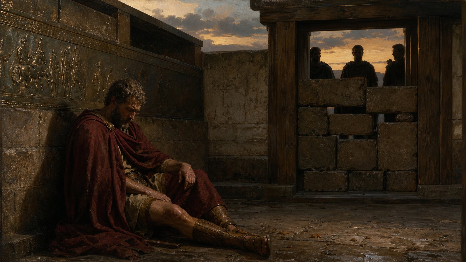 Inside the open-roofed sanctuary precinct at dusk, a weakened fictional Spartan commander sits against a stone wall while the sealed timber doorway glows faintly beyond and ephors wait outside; solemn political tragedy without violence, bronze architectural panels, historically plausible ancient Greek setting, no readable text, no modern objects, no famous likenesses.