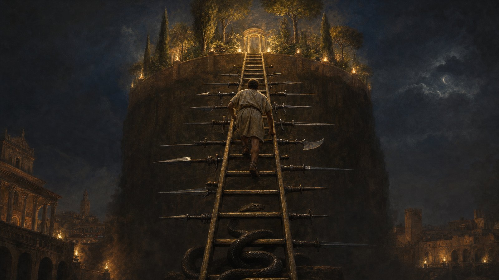 In Perpetua’s written vision, iron weapons lined a one-person bronze ladder while a serpent guarded its foot.