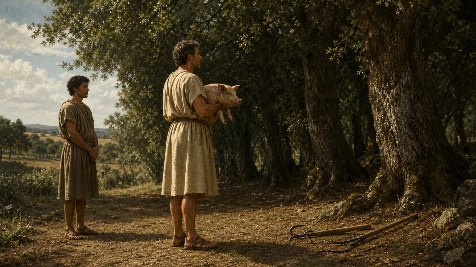 At the edge of a dense Roman sacred grove, a farmer presents a plain sacrificial pig before any branch is cut, while an attendant waits beside simple period hand tools and the trees remain untouched.