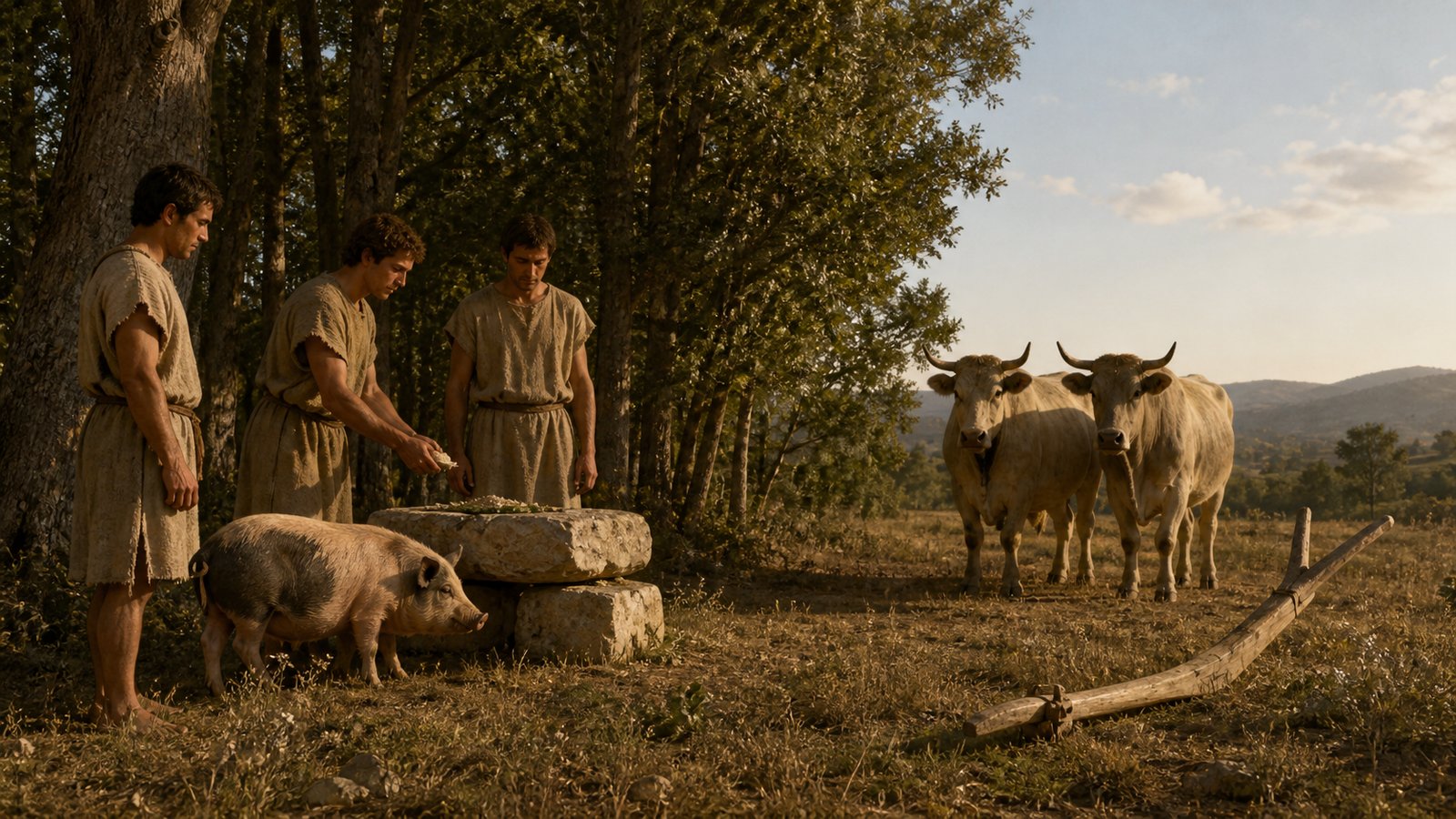 On partly opened ground beside the grove, a small Roman rural procession repeats the offering before tillage, with an ox-drawn wooden plough waiting idle and no work begun.
