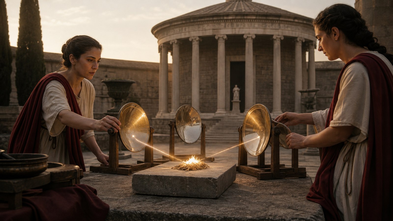 A solemn ancient Roman sacred-fire renewal at dawn, two adult Vestal priestesses in historically plausible cream wool garments carefully angle several plain polished concave bronze mirrors toward a tiny nest of pale dry tinder on a low undecorated stone altar, a concentrated warm point of sunlight just beginning to glow, Temple of Vesta architecture suggested in the background, cinematic realistic oil-painting, muted earth tones and deep red accents, vertical 4:5 composition, no text, inscriptions, symbols, crests, decorative lettering, modern objects, or watermark.